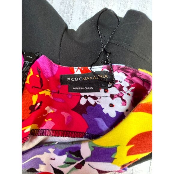 BCBGMaxazria Women's Floral Panel Black Sheath Dress Large Short Sleeve Zip Back - Picture 3 of 7